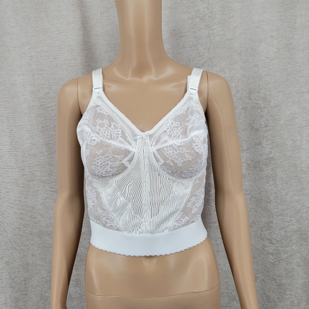 Hanes Vintage Longline Elegant Floral White Lace and Mesh Bra with Boning